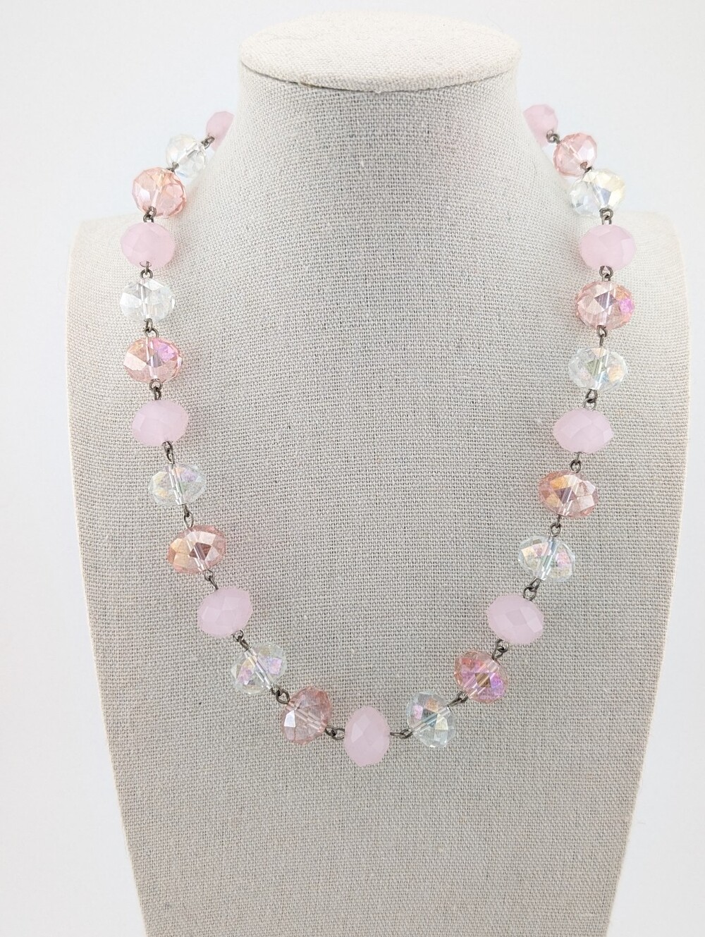 Vintage VTG Pink Crystal Glass Beaded Necklace 90s Y2K Faceted Statement Choker